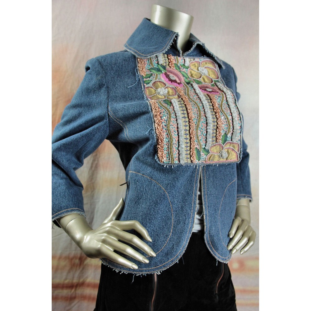 NWT TULEH Beaded Sequin Embroidered Denim Jeans Leopard Fur Jacket 10